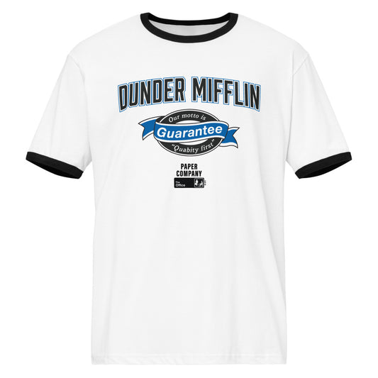 The Office Dunder Ringer T-Shirt Dunder Mifflin Guarantee White / Black