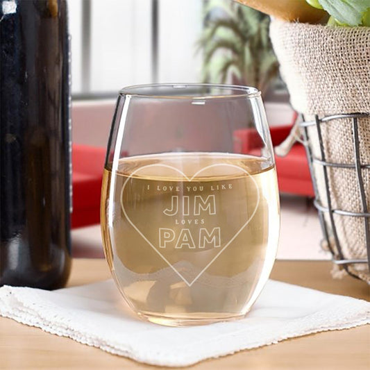 The Office Jim Loves Pam Stemless Wine Glass