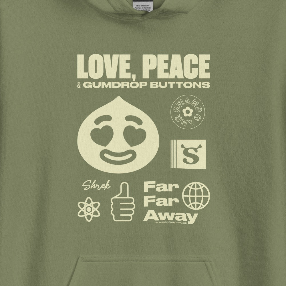 Shrek Love, Peace & Gumdrop Buttons Hoodie