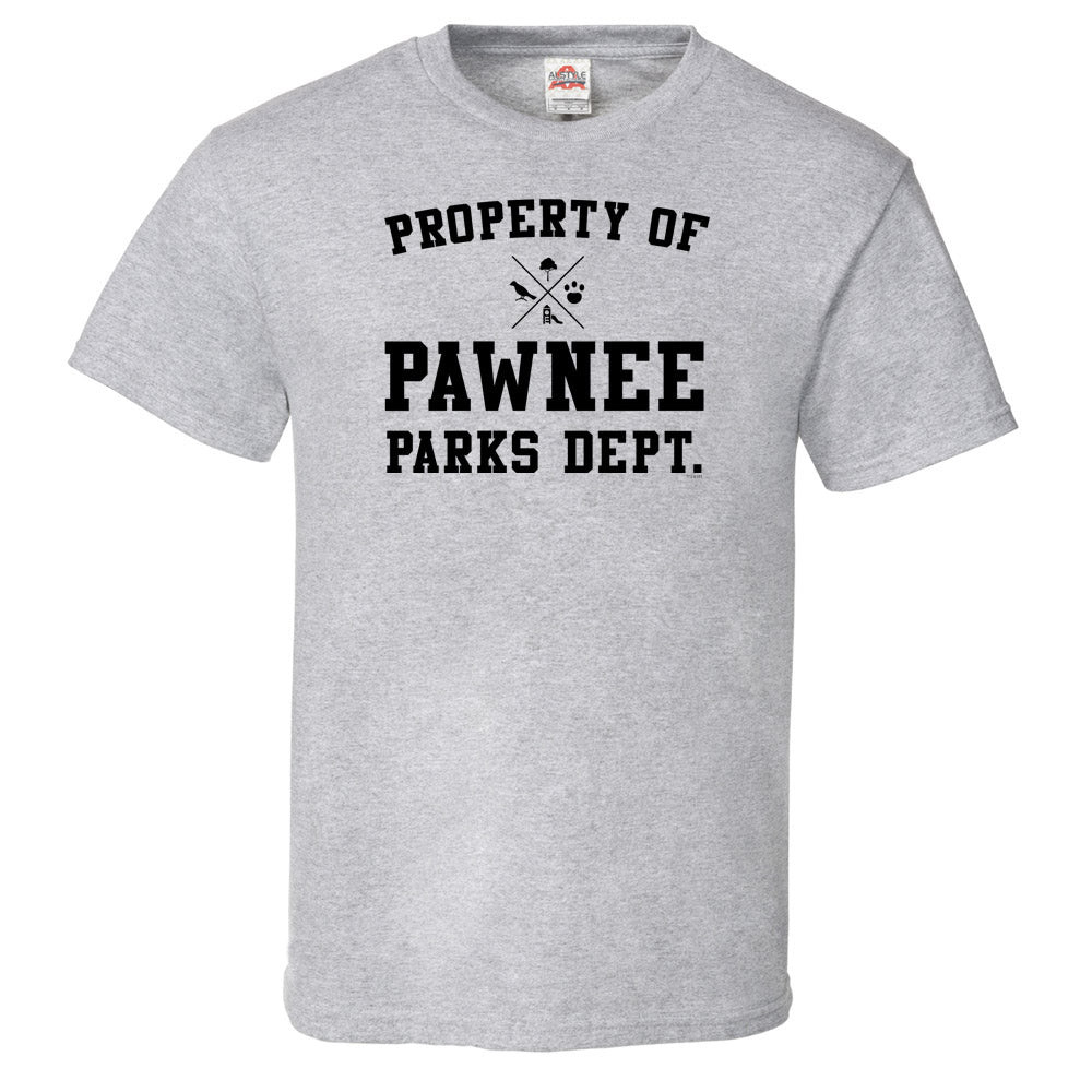 NBC Peacock Shop Parks and Recreation Property of Pawnee Men s Fitted Short Sleeve T Shirt White L