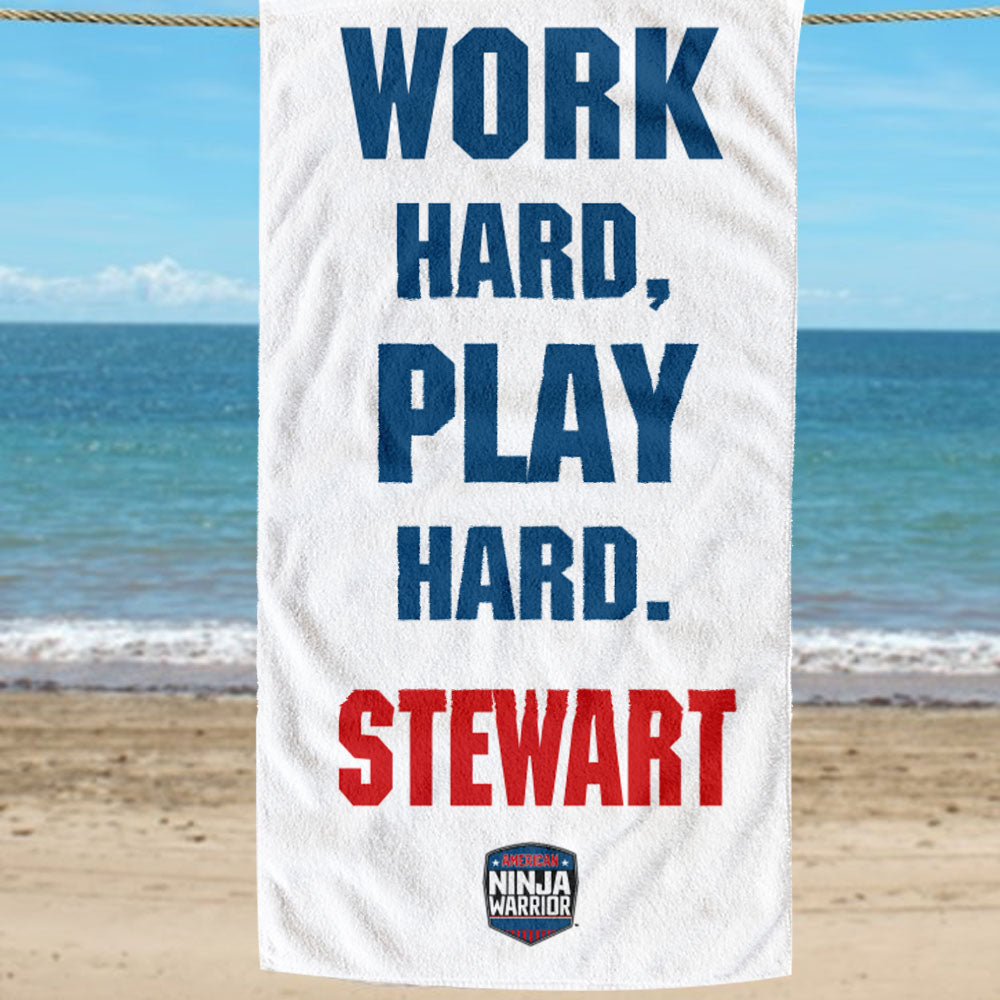 Personalized American Ninja Warrior Work Hard Play Hard Beach Towel