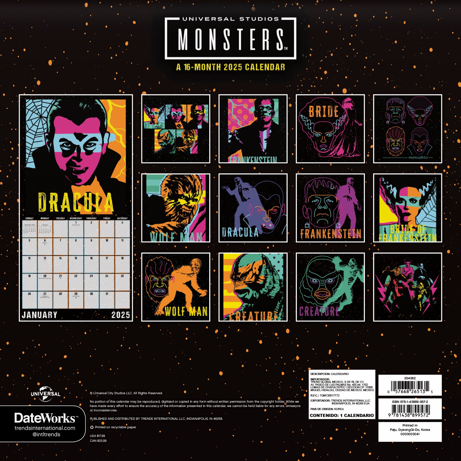 Universal Monsters 2025 16Month Wall Calendar