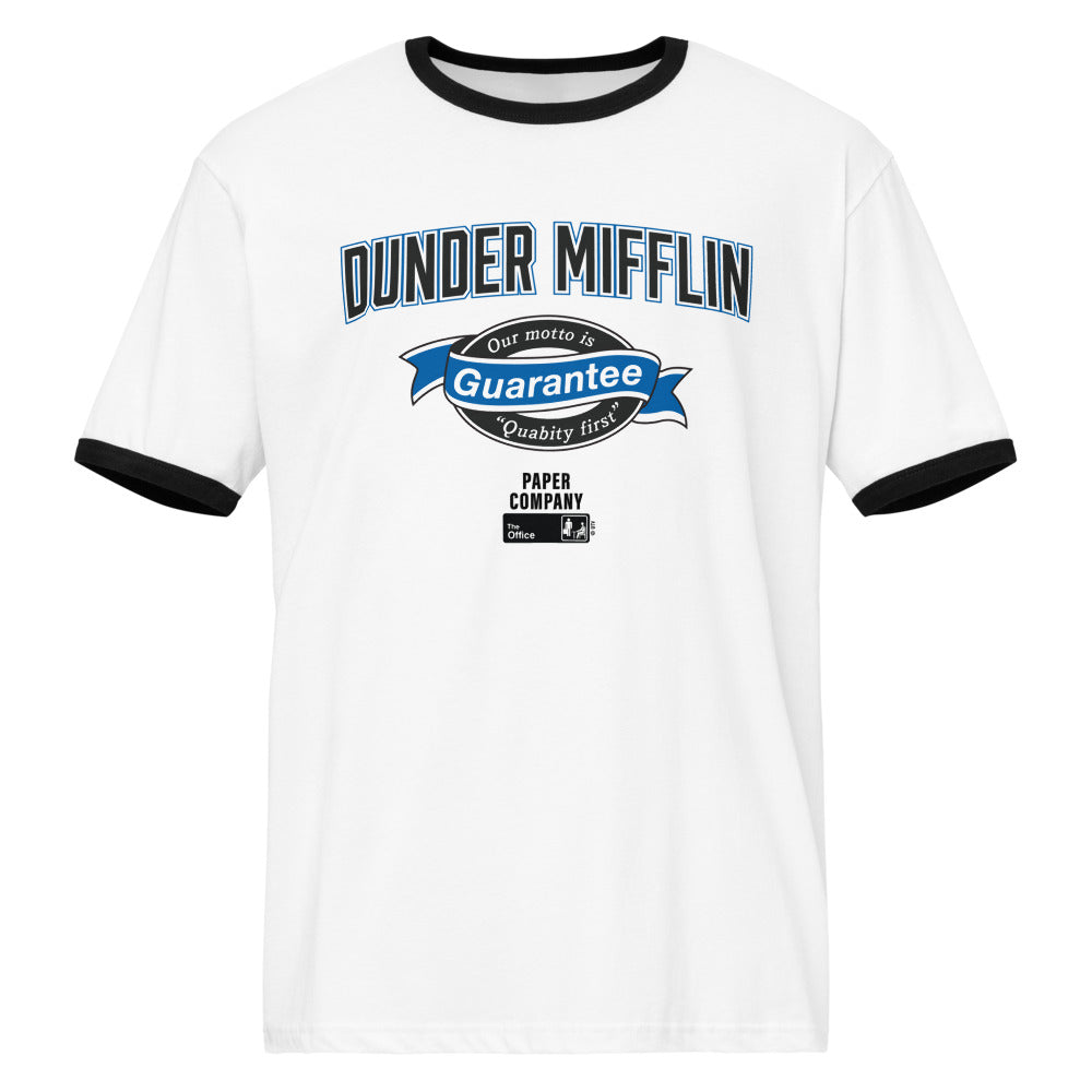 The Office Dunder Ringer T-Shirt Dunder Mifflin Guarantee White / Black