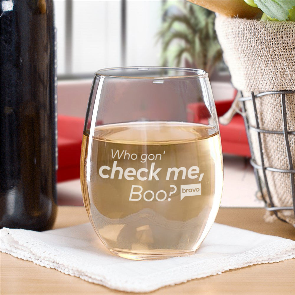 Bravo Gear Who Gon' Check Me, Boo? Laser Engraved Stemless Wine Glass