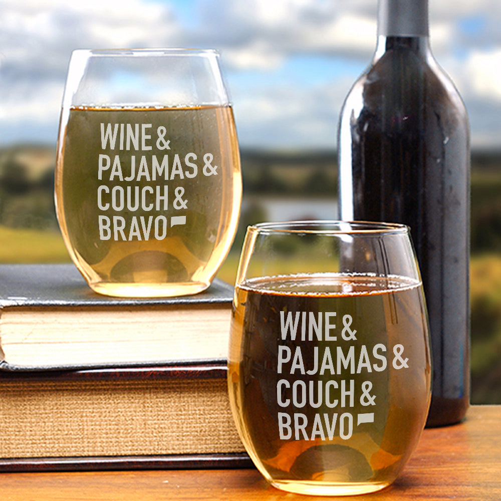 Wine & Pajamas & Couch & Bravo Stemless Wine Glasses - Set of 2