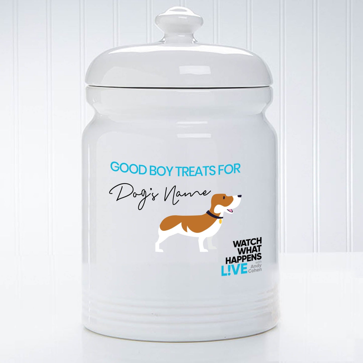 Watch What Happens Live Personalized Blue Dog Treat Jar