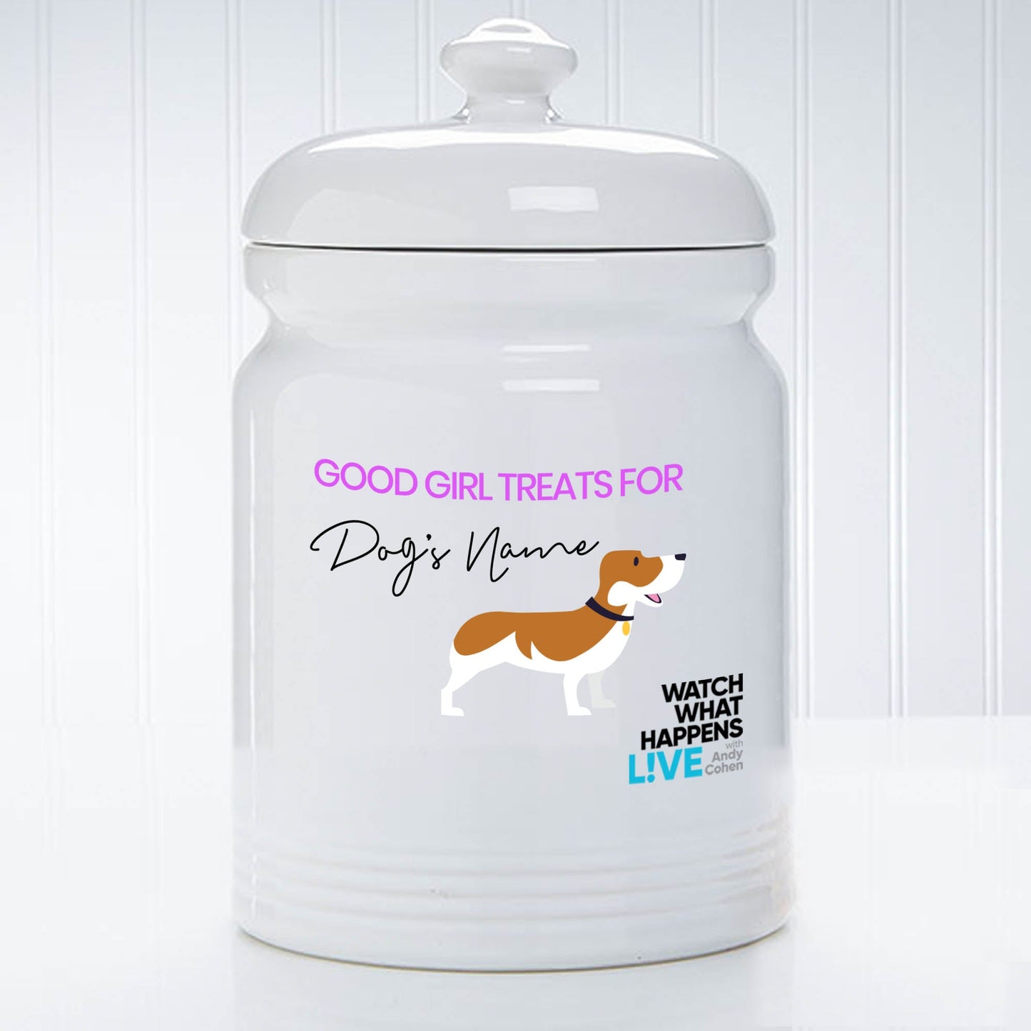 Watch What Happens Live Personalized Pink Dog Treat Jar